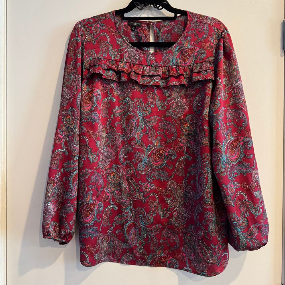 Talbots Paisley Top Red Crew Neck Layered Ruffle Back Button Long Sleeve Sz 1X